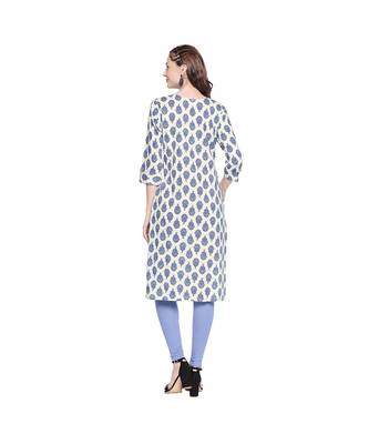 Offwhite Cotton All Over Blue Floral Motif Straight Fit Printed Kurta with Keyhole Neckline for Women 4