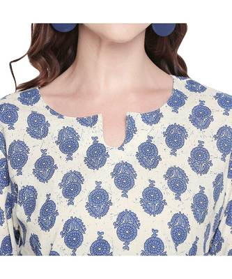 Offwhite Cotton All Over Blue Floral Motif Straight Fit Printed Kurta with Keyhole Neckline for Women 5