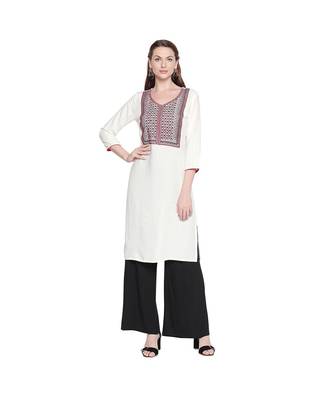 White with Red & Black Neckline Embroidered Rayon Kurta with V Neck for Women 1