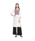 White with Red & Black Neckline Embroidered Rayon Kurta with V Neck for Women