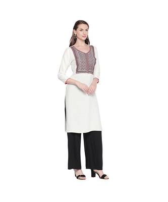 White with Red & Black Neckline Embroidered Rayon Kurta with V Neck for Women 2