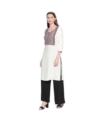 White with Red & Black Neckline Embroidered Rayon Kurta with V Neck for Women 3