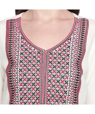 White with Red & Black Neckline Embroidered Rayon Kurta with V Neck for Women 5