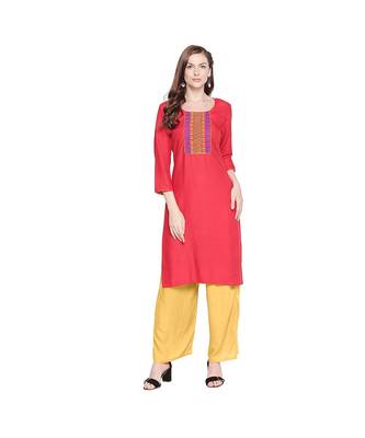 Red Rayon with Yellow & Blue Neckline Embroidered Kurta with Round Neck for Women 1