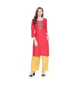 Red Rayon with Yellow & Blue Neckline Embroidered Kurta with Round Neck for Women