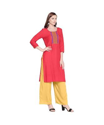 Red Rayon with Yellow & Blue Neckline Embroidered Kurta with Round Neck for Women 2