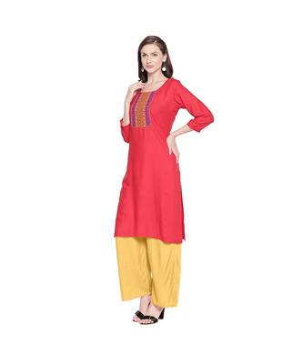Red Rayon with Yellow & Blue Neckline Embroidered Kurta with Round Neck for Women 3