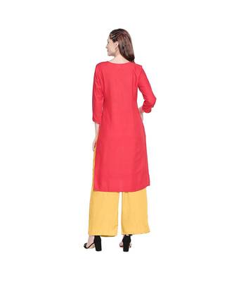 Red Rayon with Yellow & Blue Neckline Embroidered Kurta with Round Neck for Women 4