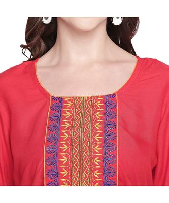 Red Rayon with Yellow & Blue Neckline Embroidered Kurta with Round Neck for Women 5