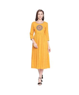Yellow All Over Print with Round Patch Embroidered Cotton Anarkali Kurta with Round Neck for Women 1