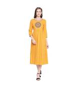 Yellow All Over Print with Round Patch Embroidered Cotton Anarkali Kurta with Round Neck for Women