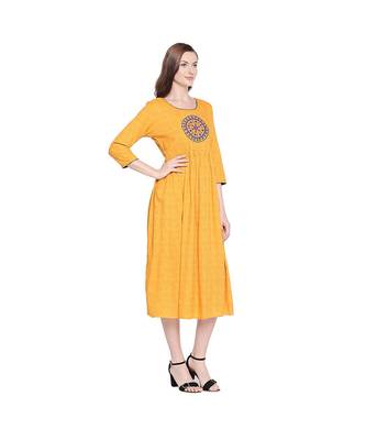 Yellow All Over Print with Round Patch Embroidered Cotton Anarkali Kurta with Round Neck for Women 2