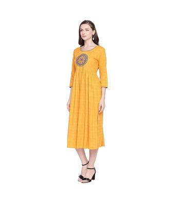 Yellow All Over Print with Round Patch Embroidered Cotton Anarkali Kurta with Round Neck for Women 3