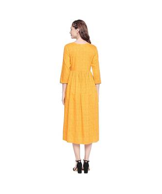 Yellow All Over Print with Round Patch Embroidered Cotton Anarkali Kurta with Round Neck for Women 4