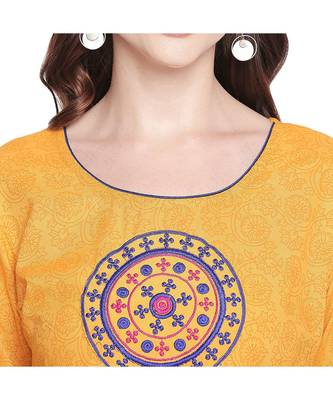 Yellow All Over Print with Round Patch Embroidered Cotton Anarkali Kurta with Round Neck for Women 5