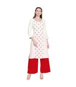 White Rayon V neck Straight Fit kurta with Marooon Motif Embroidery for Women