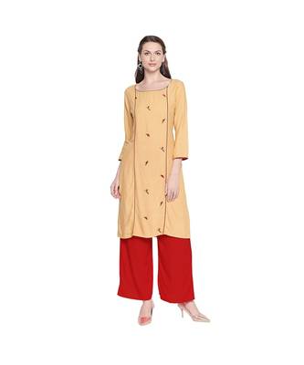 Beige Straight Fit Princess line Kurta with Bird Embroidery Motif and Round Neckline for Women 1
