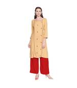 Beige Straight Fit Princess line Kurta with Bird Embroidery Motif and Round Neckline for Women