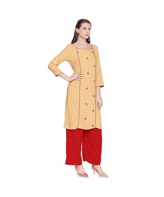 Beige Straight Fit Princess line Kurta with Bird Embroidery Motif and Round Neckline for Women 2