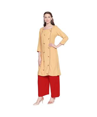 Beige Straight Fit Princess line Kurta with Bird Embroidery Motif and Round Neckline for Women 3