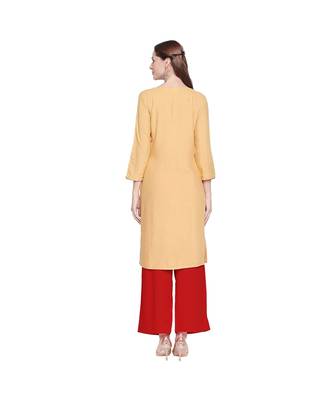 Beige Straight Fit Princess line Kurta with Bird Embroidery Motif and Round Neckline for Women 4