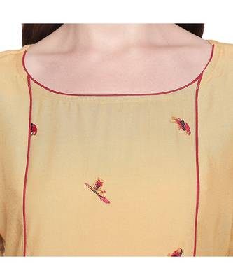 Beige Straight Fit Princess line Kurta with Bird Embroidery Motif and Round Neckline for Women 5