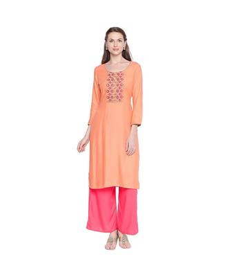 Peach Rayon Straight Fit Kurta with dark pink and Gold Neck Border Embroidery for Women 1