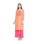 Peach Rayon Straight Fit Kurta with dark pink and Gold Neck Border Embroidery for Women