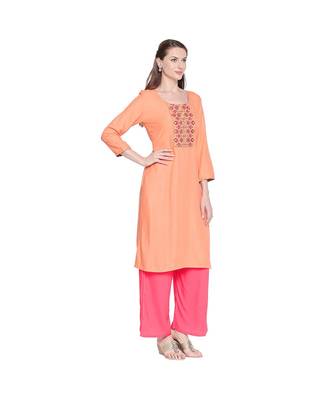 Peach Rayon Straight Fit Kurta with dark pink and Gold Neck Border Embroidery for Women 2
