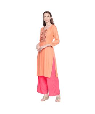 Peach Rayon Straight Fit Kurta with dark pink and Gold Neck Border Embroidery for Women 3