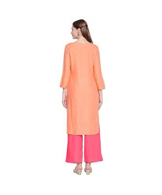 Peach Rayon Straight Fit Kurta with dark pink and Gold Neck Border Embroidery for Women 4