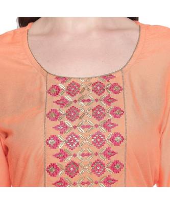 Peach Rayon Straight Fit Kurta with dark pink and Gold Neck Border Embroidery for Women 5