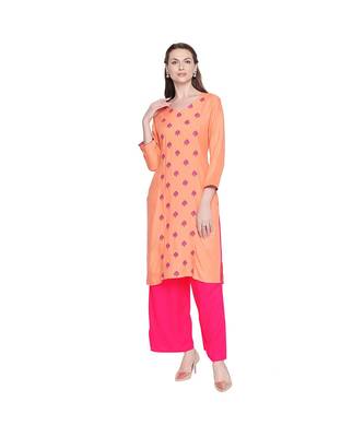 Peach Rayon Straight Fit Kurta with Dark pink Floral Motif Embroidery with V neckline for Women 1