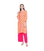 Peach Rayon Straight Fit Kurta with Dark pink Floral Motif Embroidery with V neckline for Women