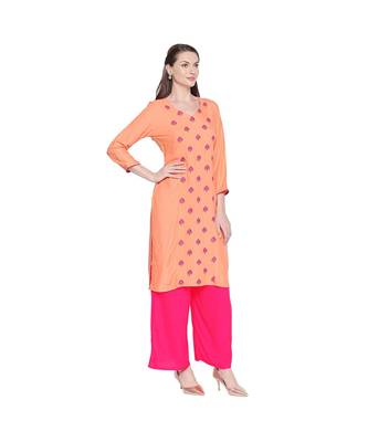 Peach Rayon Straight Fit Kurta with Dark pink Floral Motif Embroidery with V neckline for Women 2