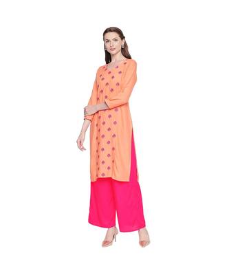 Peach Rayon Straight Fit Kurta with Dark pink Floral Motif Embroidery with V neckline for Women 3