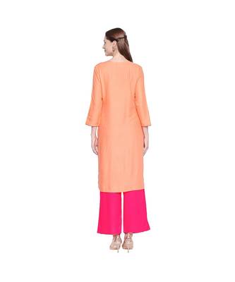 Peach Rayon Straight Fit Kurta with Dark pink Floral Motif Embroidery with V neckline for Women 4
