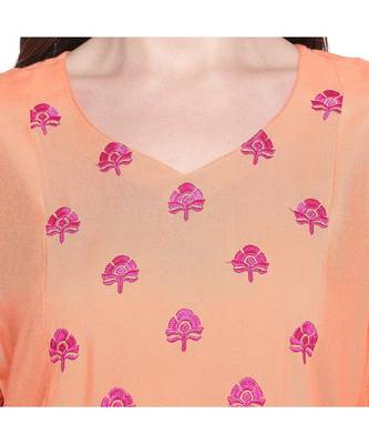 Peach Rayon Straight Fit Kurta with Dark pink Floral Motif Embroidery with V neckline for Women 5