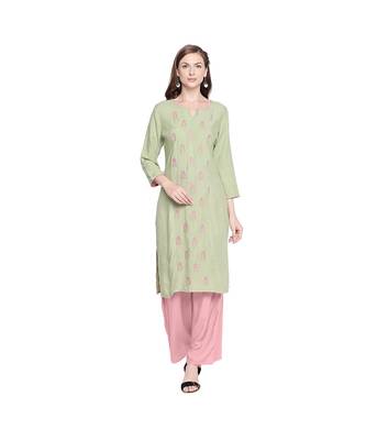 Pista Green Rayon Kurta with Floral Embroidery Motif with Round Neckline for Women 1