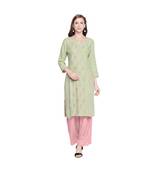 Pista Green Rayon Kurta with Floral Embroidery Motif with Round Neckline for Women