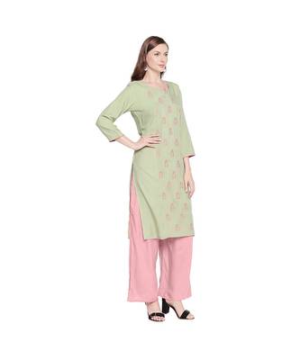 Pista Green Rayon Kurta with Floral Embroidery Motif with Round Neckline for Women 2