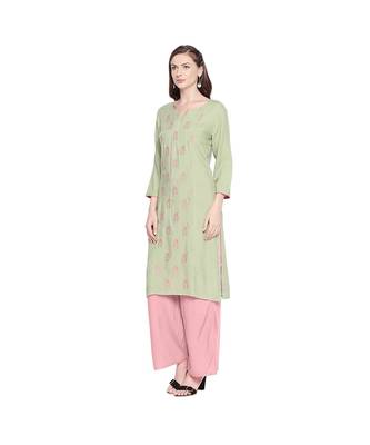 Pista Green Rayon Kurta with Floral Embroidery Motif with Round Neckline for Women 3
