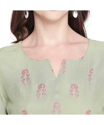 Pista Green Rayon Kurta with Floral Embroidery Motif with Round Neckline for Women 5