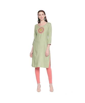 Pista Green Rayon Straight Fit Kurta with Round Patch Multi Color Embroidery With Round Neck  for Women 1