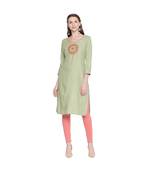 Pista Green Rayon Straight Fit Kurta with Round Patch Multi Color Embroidery With Round Neck  for Women