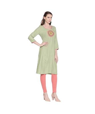 Pista Green Rayon Straight Fit Kurta with Round Patch Multi Color Embroidery With Round Neck  for Women 2