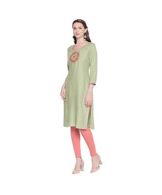 Pista Green Rayon Straight Fit Kurta with Round Patch Multi Color Embroidery With Round Neck  for Women 3
