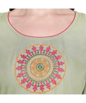 Pista Green Rayon Straight Fit Kurta with Round Patch Multi Color Embroidery With Round Neck  for Women 5