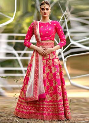 Pink Plain Silk Unstitched Lehenga 1