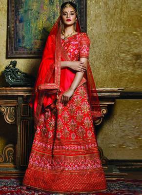 Red Plain Silk Unstitched Lehenga 1
